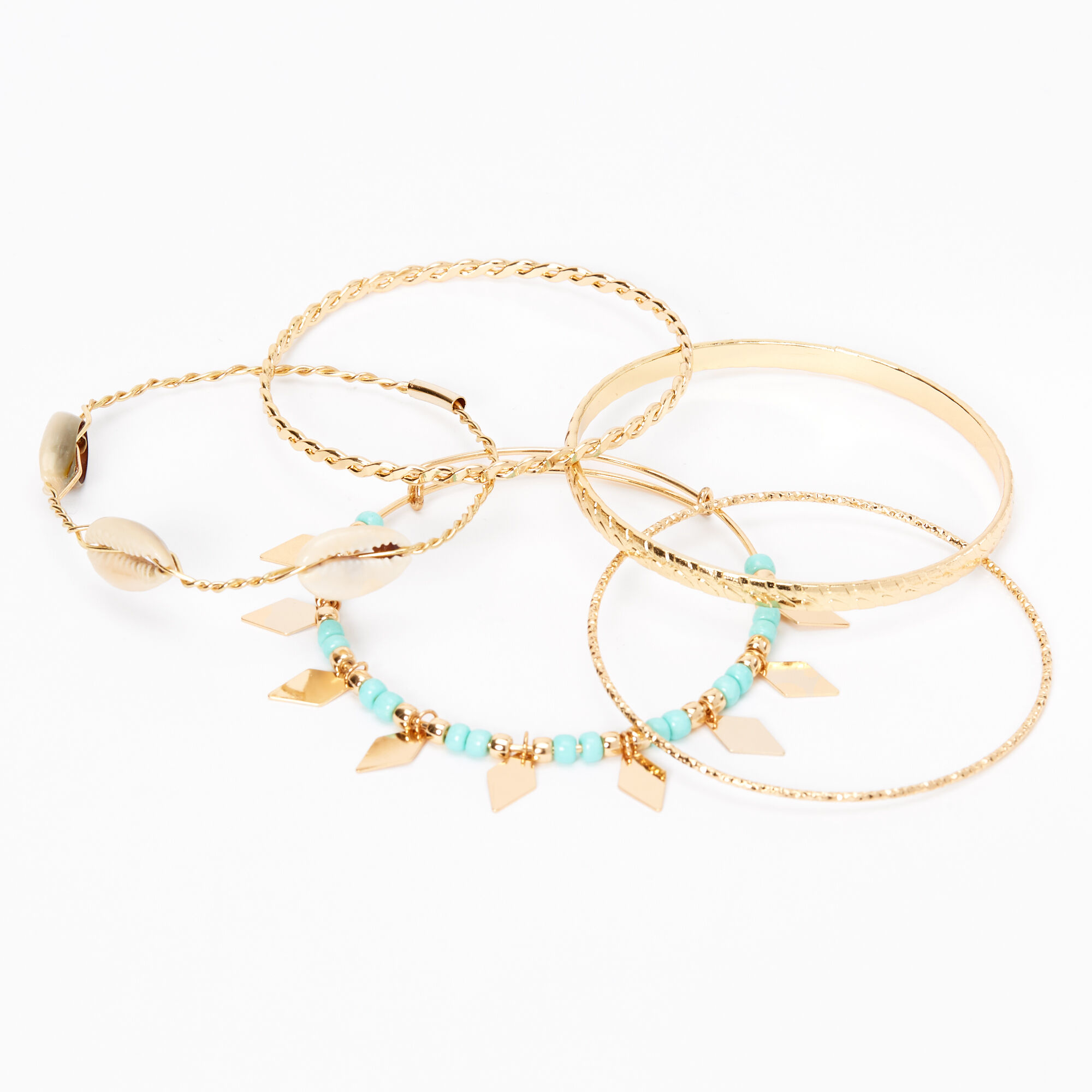 Gold Cowrie Shell Beaded Bangle Bracelets - Turquoise, 5 Pack,