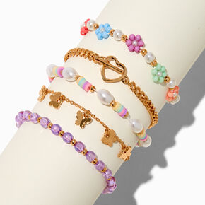 Gold-tone Heart Chain Seed Bead Bracelet Set - 5 Pack,