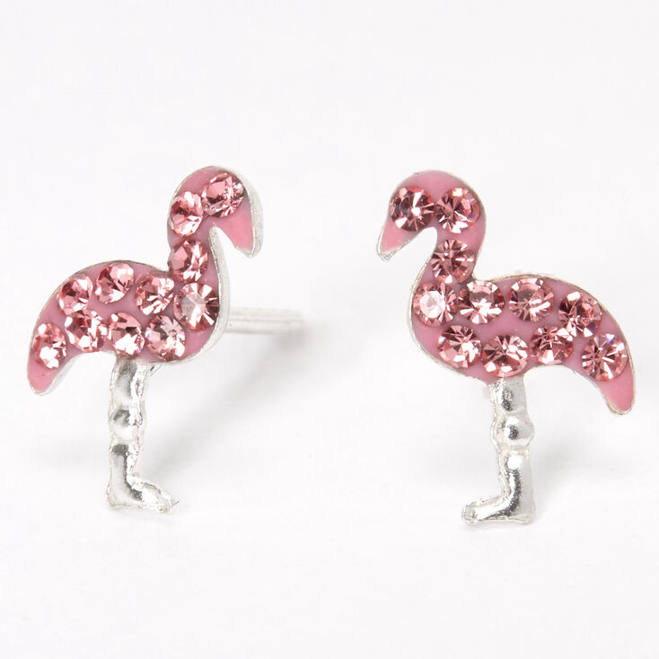 Sterling Silver Crystal Flamingo Stud Earrings - Pink,