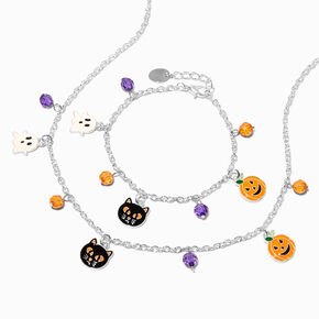 Halloween Enameled Ghost, Cat, &amp; Pumpkin Necklace &amp; Charm Bracelet Set - 2 Pack,