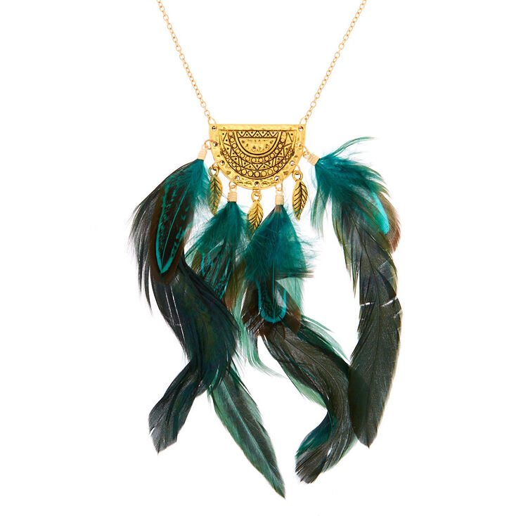 Claire's Collier long à pendentif plumes vertes couleur doré