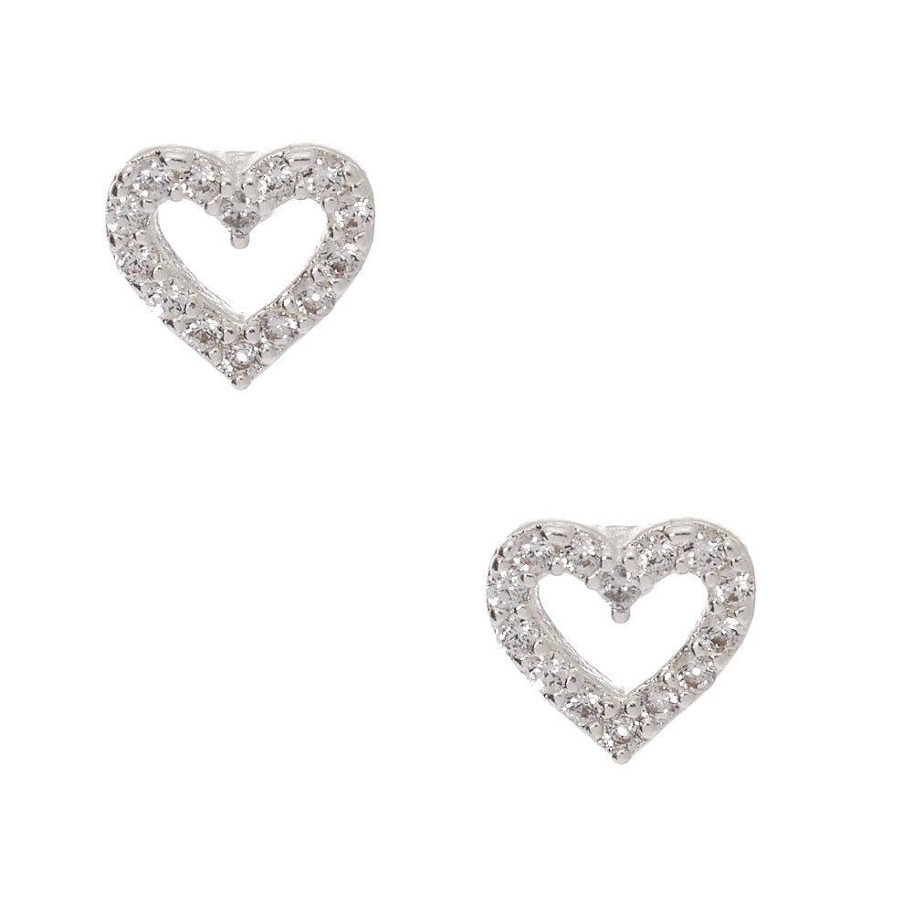 Graduated Stones Cubic Zirconia Open Heart Stud Earrings Rhodium Plated Sterling Silver