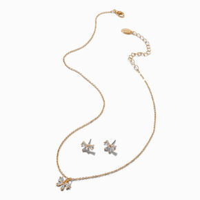 Gold-tone Cubic Zirconia Bow Pendant Necklace &amp; Stud Earrings Set,