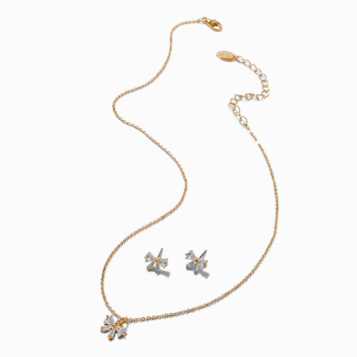 Gold-tone Cubic Zirconia Bow Pendant Necklace &amp; Stud Earrings Set,