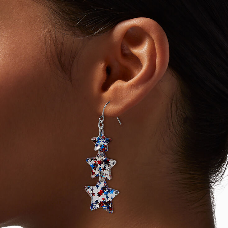 Red, White, &amp; Blue Glitter Star Linear Trio Drop Earrings,