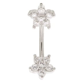 Silver-tone Stainless Steel 14G Double Flower Cubic Zirconia Belly Ring,