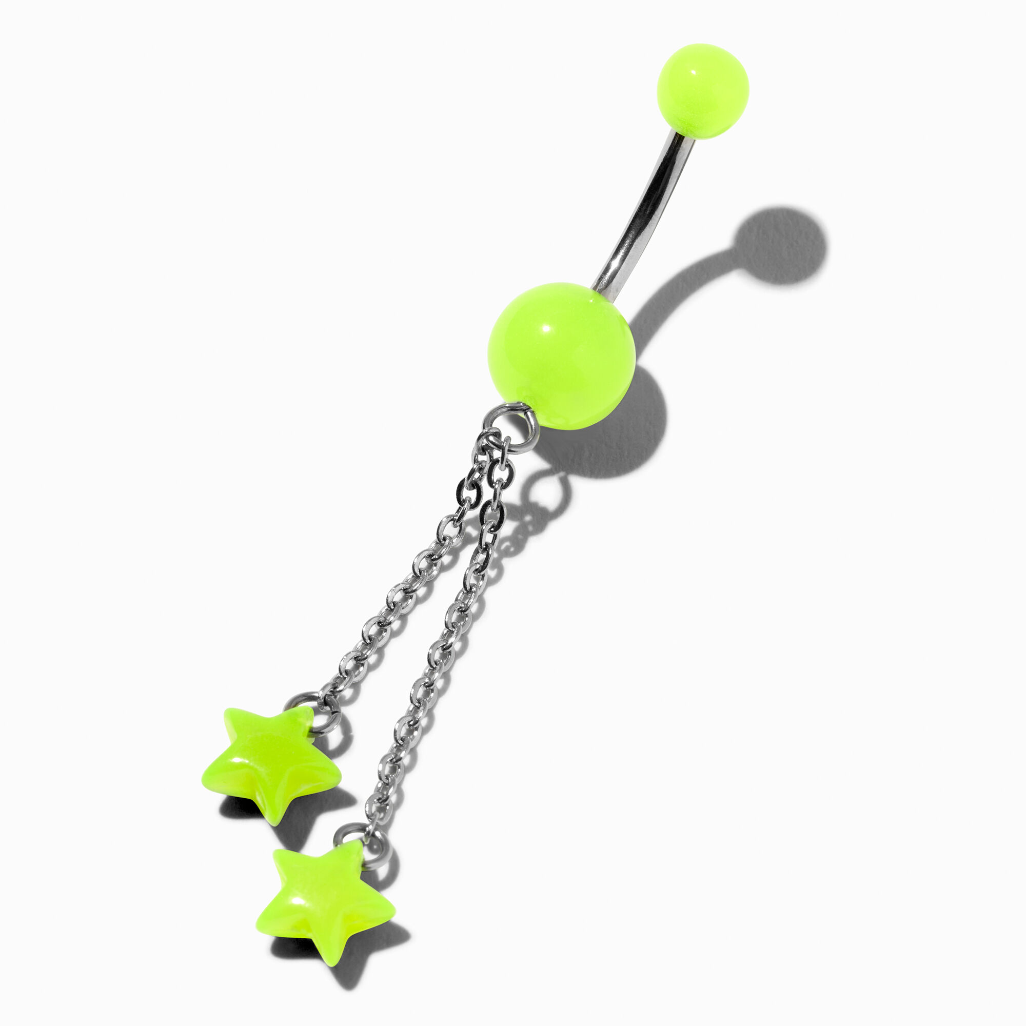 View Claires Glow In The Dark Stars 14G Dangle Belly Bar Green information