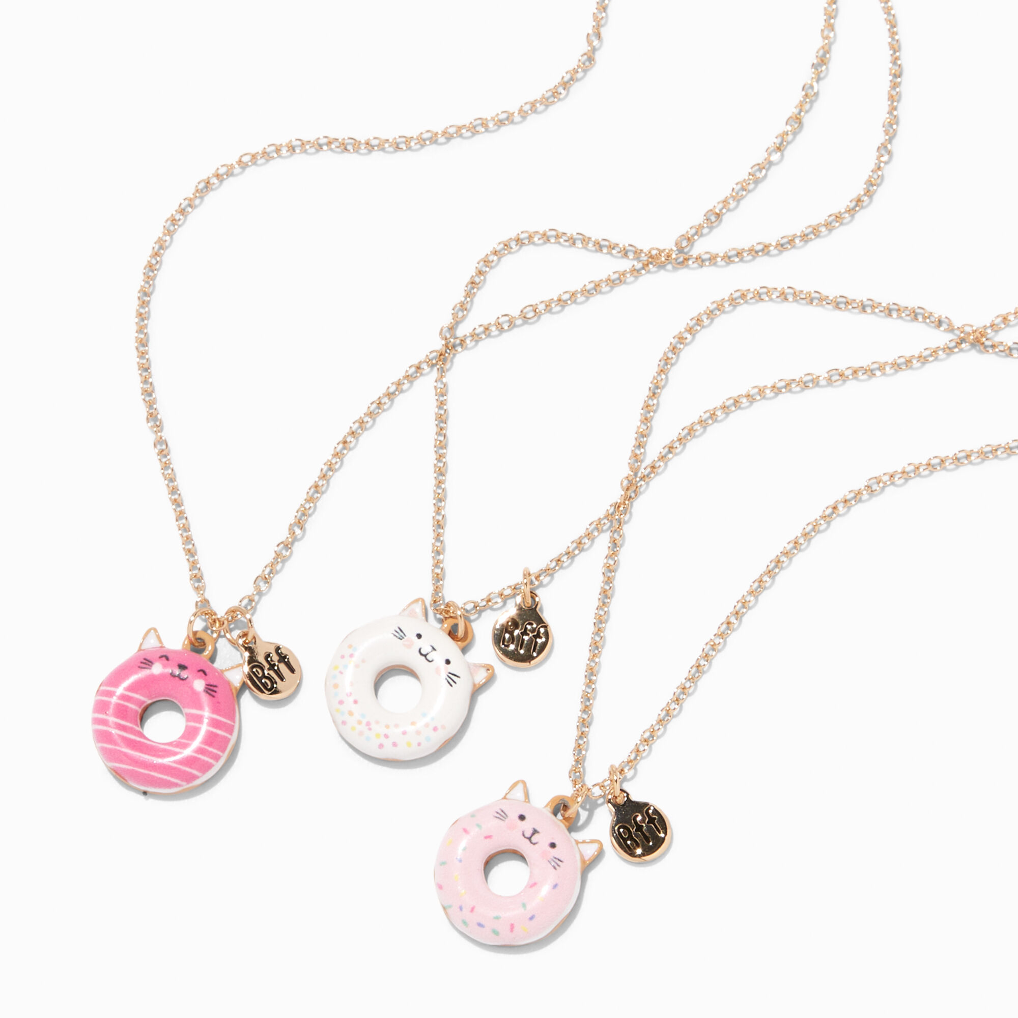 View Claires Best Friends Cat Donut Pendant Necklaces 3 Pack Gold information