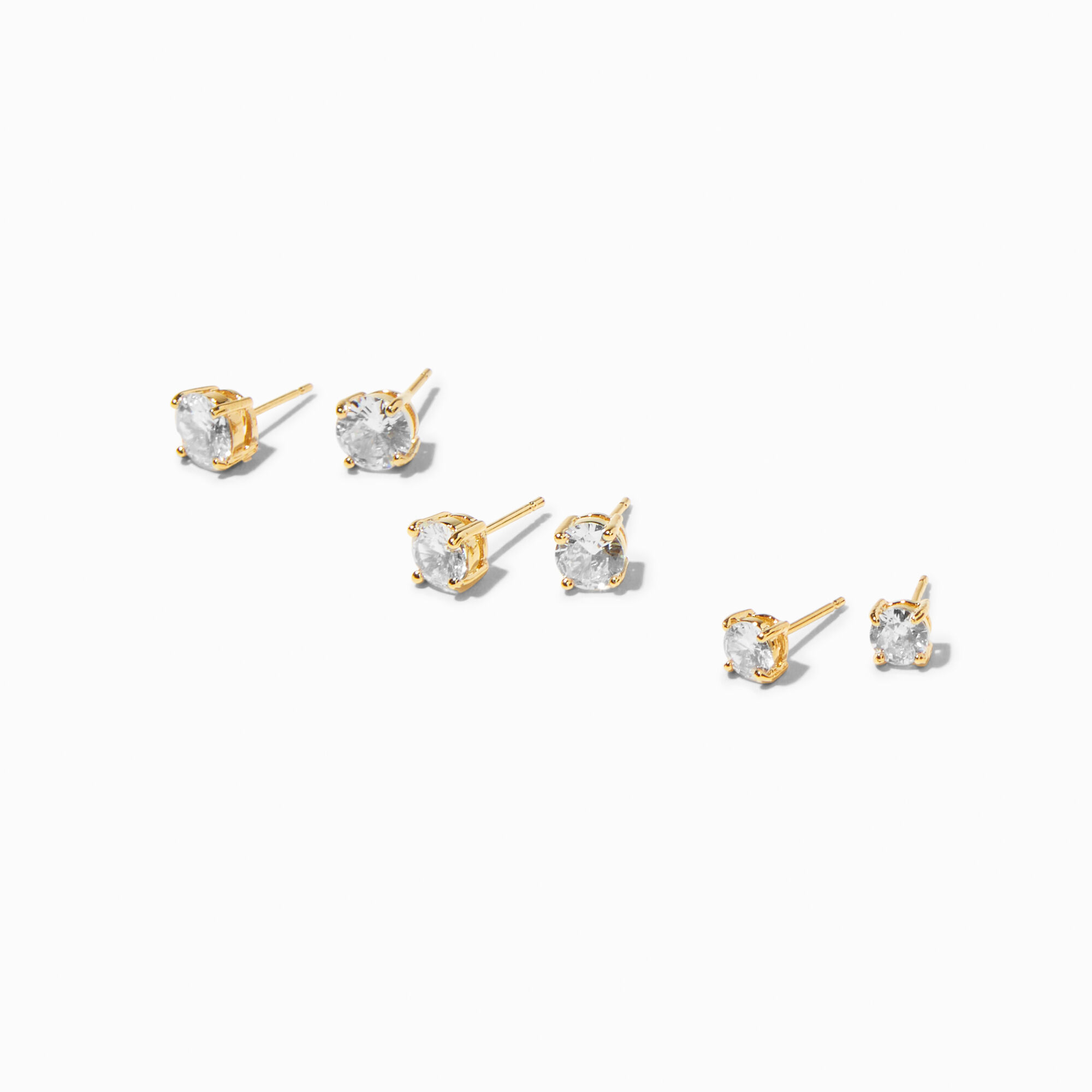 View Claires 18K Plated Cubic Zirconia Graduated Round Basket Stud Earrings 3 Pack Gold information
