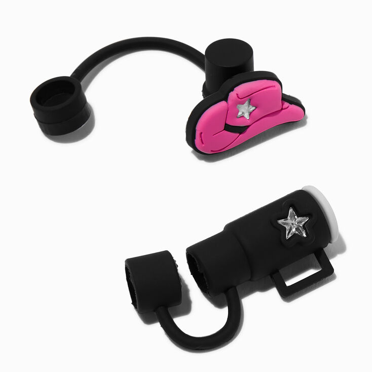 Pink Cowboy Hat &amp; Black Cup Straw Covers - 2 Pack,