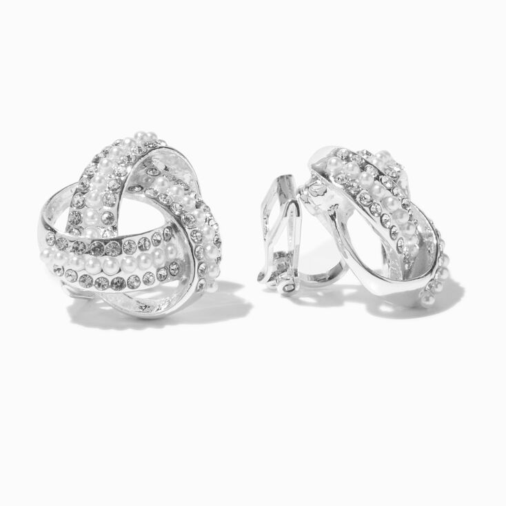 Silver-tone Crystal &amp; Pearl Knot Clip-On Stud Earrings,