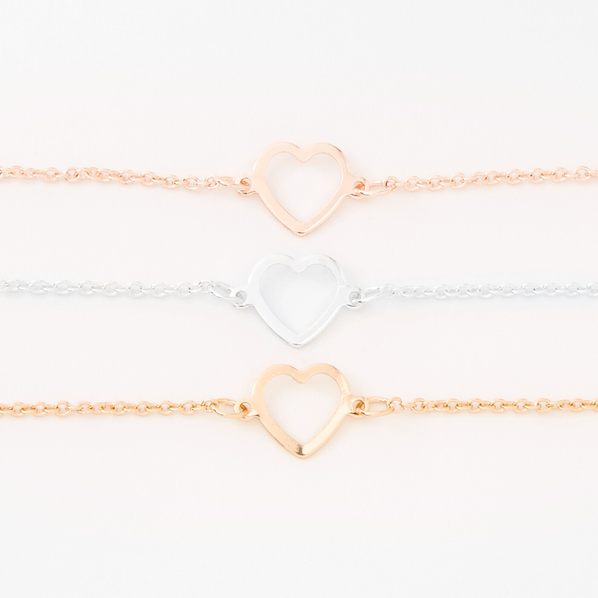 Mixed Metal Heart Cutout Chain Bracelets - 3 Pack