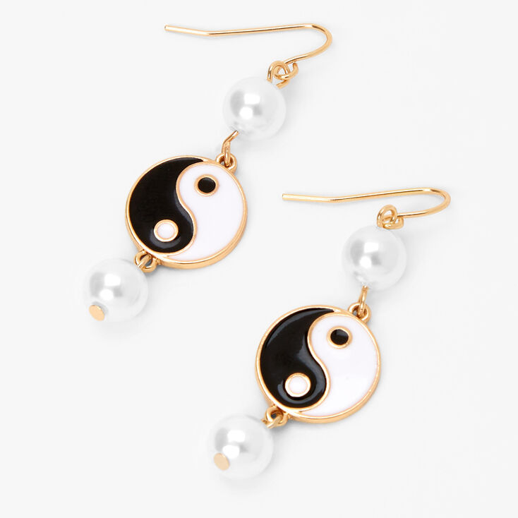 Gold 1.5&quot; Pearl Yin Yang Drop Earrings,