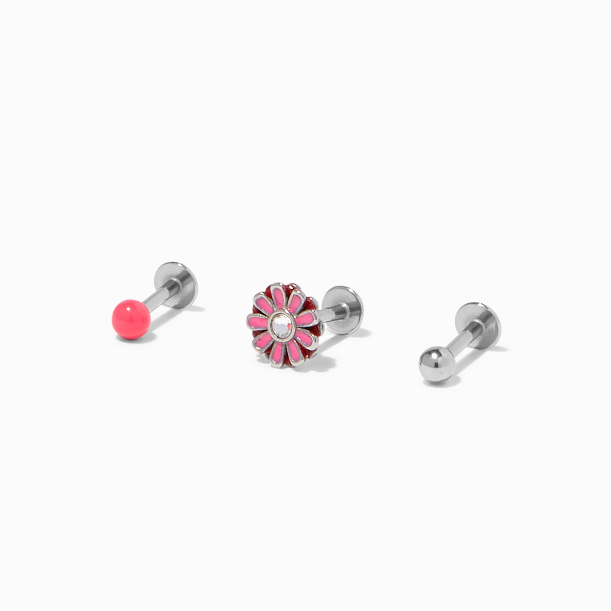 Pink Daisy Silver tone Tragus Flat Back Earrings 3 Pack