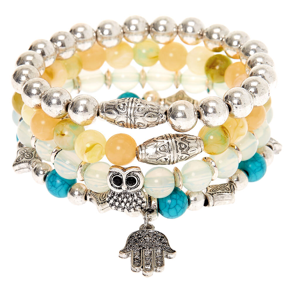 Wooden Beaded Hamsa Stretch Bracelets - Turquoise, 4 Pack,