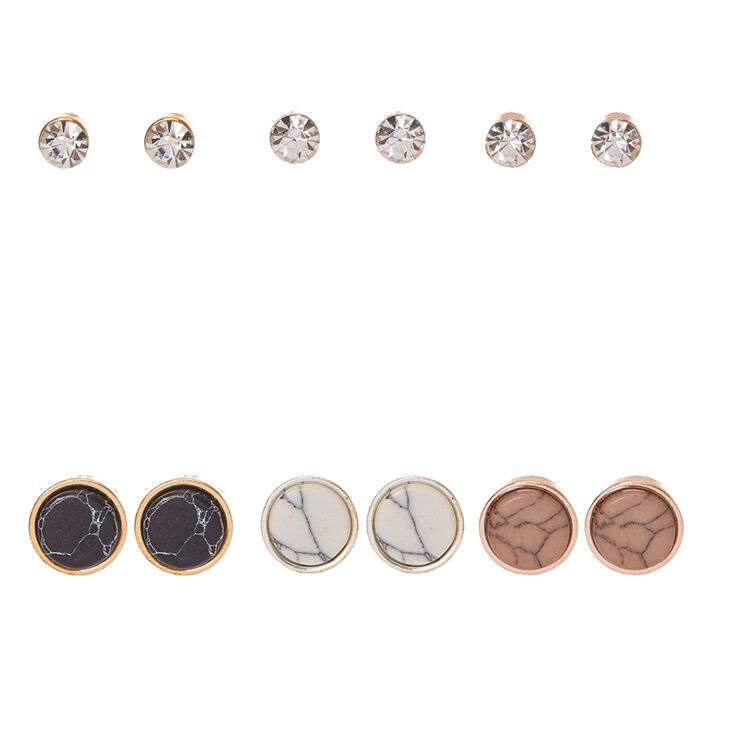 Mixed Metal Crystal Marble Stone Stud Earrings - 6 Pack,