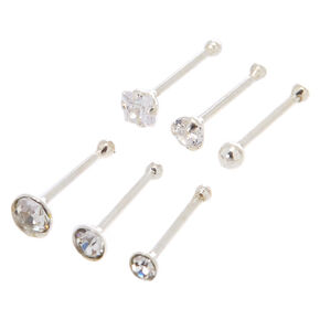 22G Sterling Silver Crystal Mixed Nose Studs - 6 Pack,