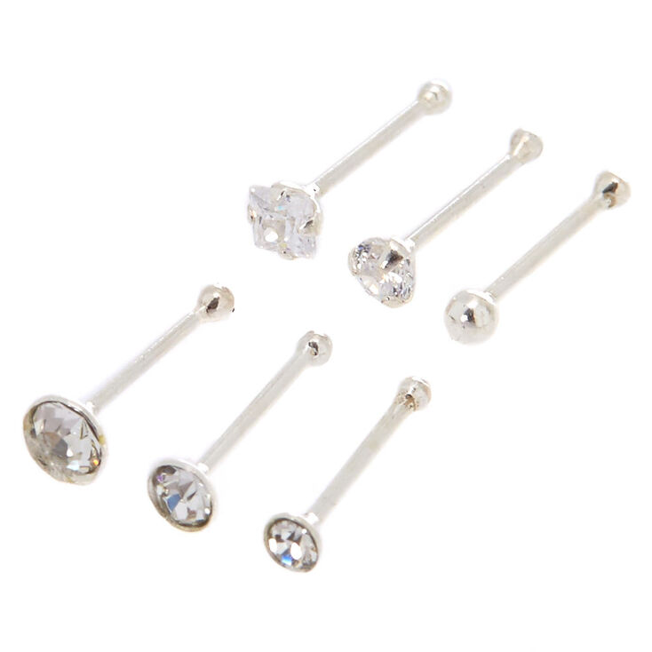 22G Sterling Silver Crystal Mixed Nose Studs - 6 Pack,