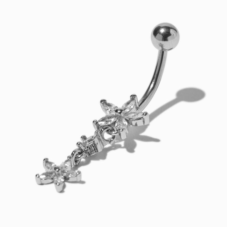 Piercing de nombril 1,6&nbsp;mm fleur perle d&#39;imitation en zircon cubique et acier inoxydable couleur argent&eacute;e,