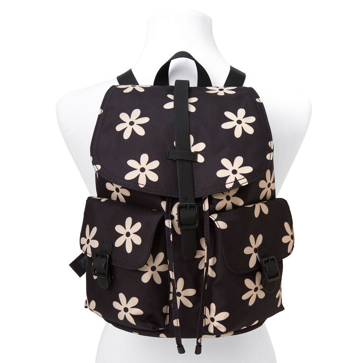 Daisy Flower Midi Flap Backpack - Black,