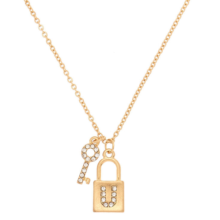 Claire's Collier à pendentif cadenas et clé couleur doré avec initiale - U
