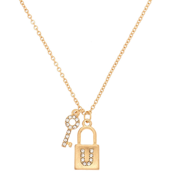 Gold Lock &amp; Key Initial Pendant Necklace - U,