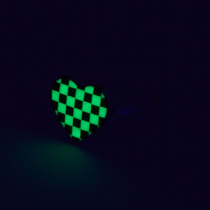 Silver Glow In The Dark Checkered Heart Adjustable Ring,