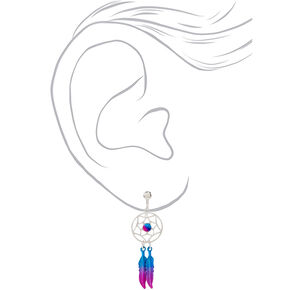 Silver 1.5&quot; Pink &amp; Blue Beaded Dreamcatcher Clip On Drop Earrings,