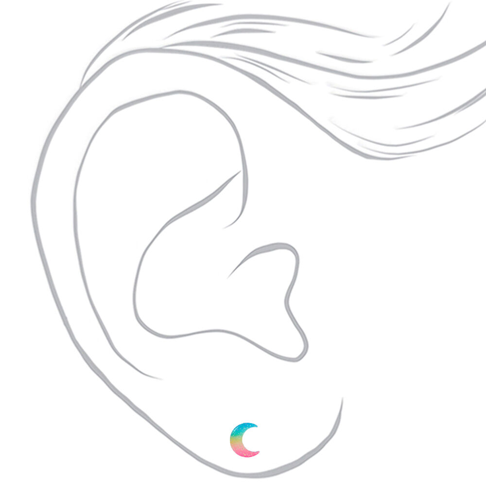 Silver Pastel Rainbow Moon Stud Earrings,