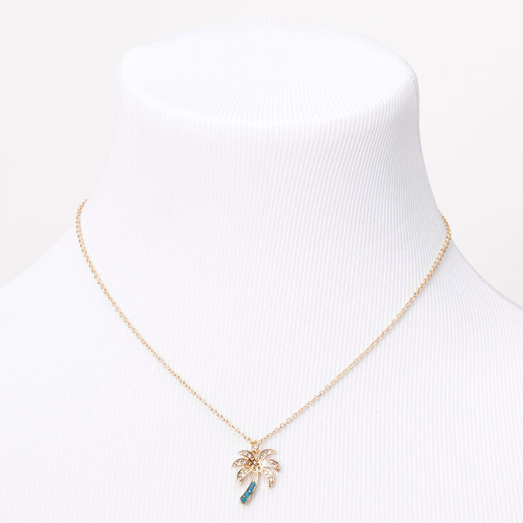Gold Embellished Palm Tree Pendant Necklace - Turquoise,