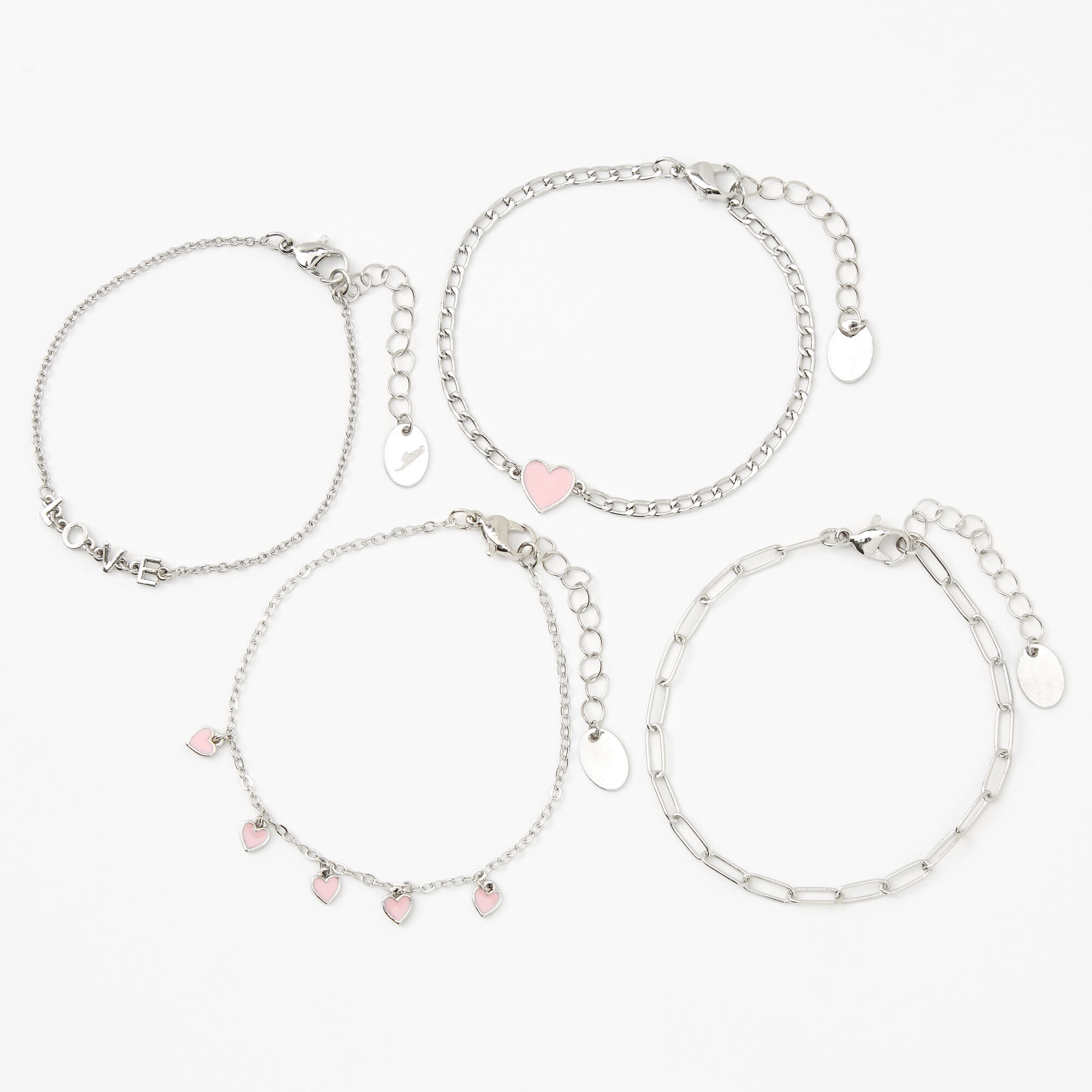 Silver Rhinestone Heart Chain Bracelets - 4 Pack,