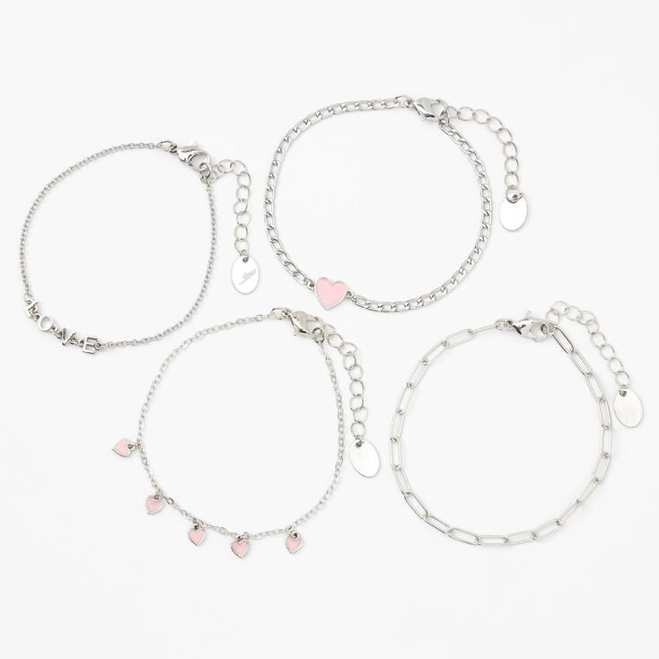Silver Rhinestone Heart Chain Bracelets - 4 Pack,
