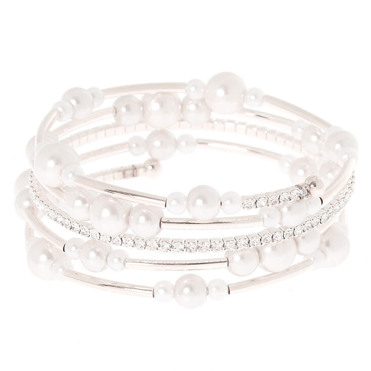 Silver Pearl Orbit Wrap Statement Bracelet,