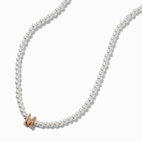 Gold-tone Initial Pendant Faux Pearl Necklace - M,