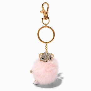 Crystal Bear Pink Pom Pom Keychain,