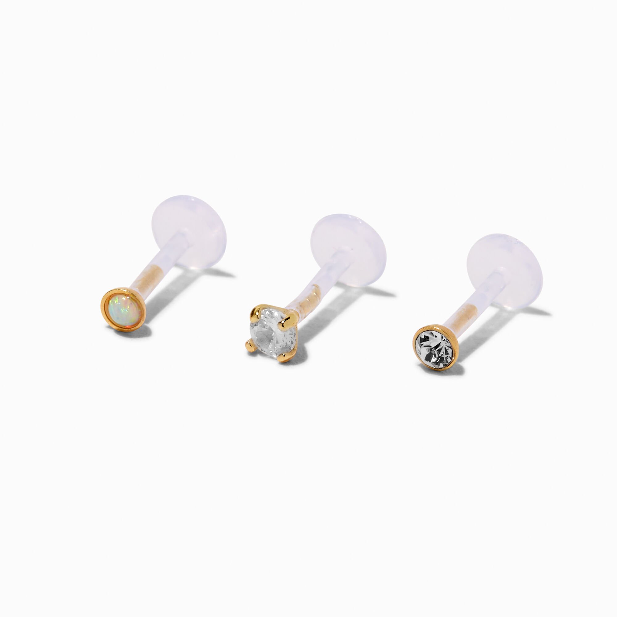 Gold-tone Stainless Steel Cubic Zirconia Threadless Flatback Labret Lip Studs - 3 Pack,