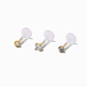 Gold-tone Stainless Steel Cubic Zirconia Threadless Flatback Labret Lip Studs - 3 Pack,
