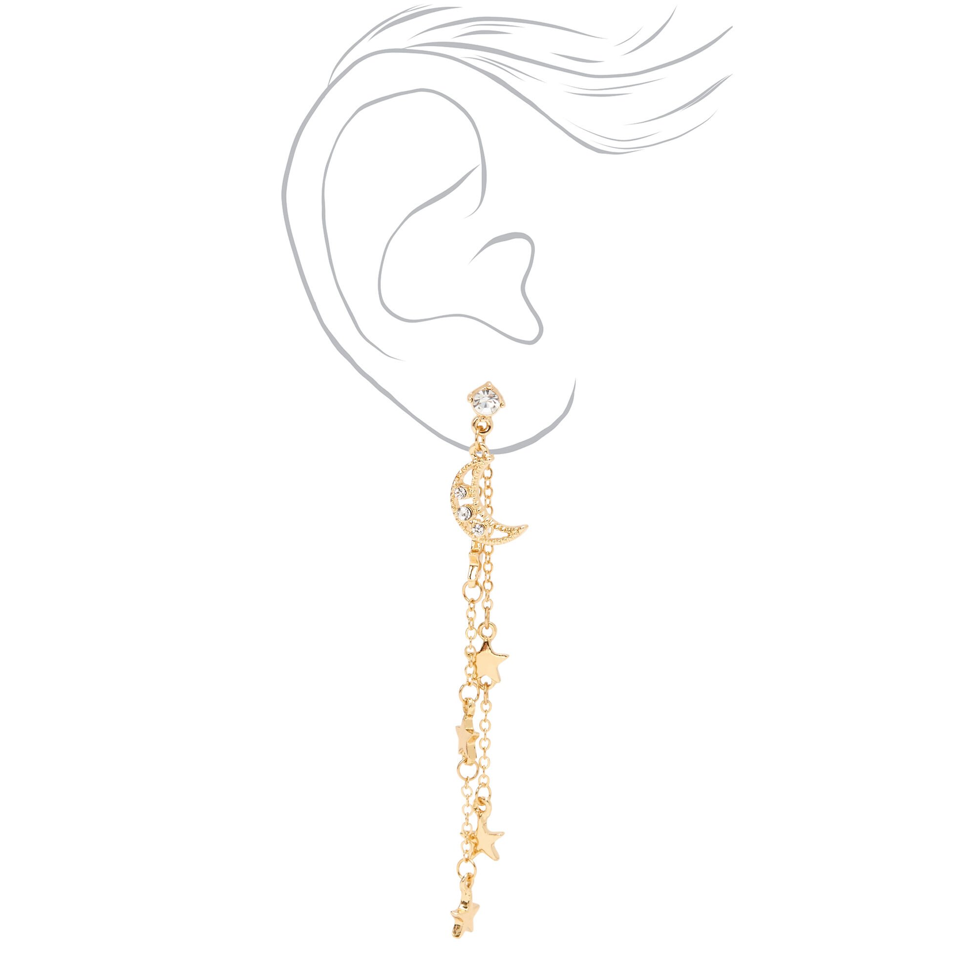Gold Moon & Stars Linear Drop Earrings,