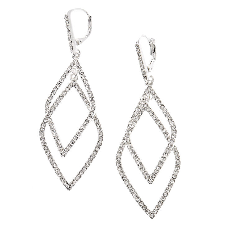 Silver Rhinestone 2&quot; Double Diamond Drop Earrings,