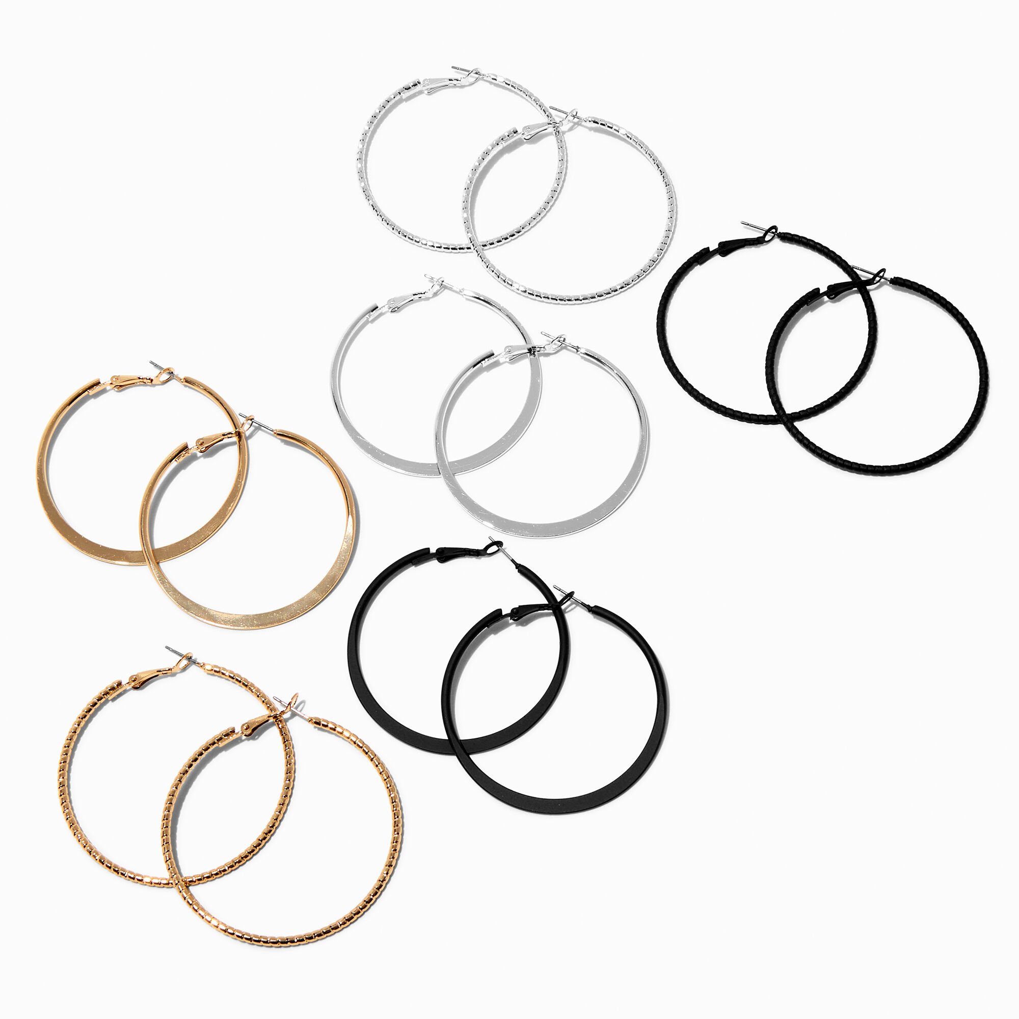 Mixed Metal 50mm Hoop Earrings - 6 Pack,