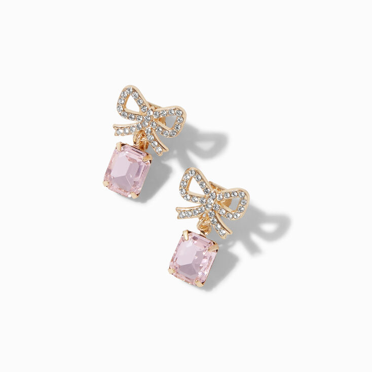Gold-tone Pink Crystal Bow 1" Clip-On Drop Earrings