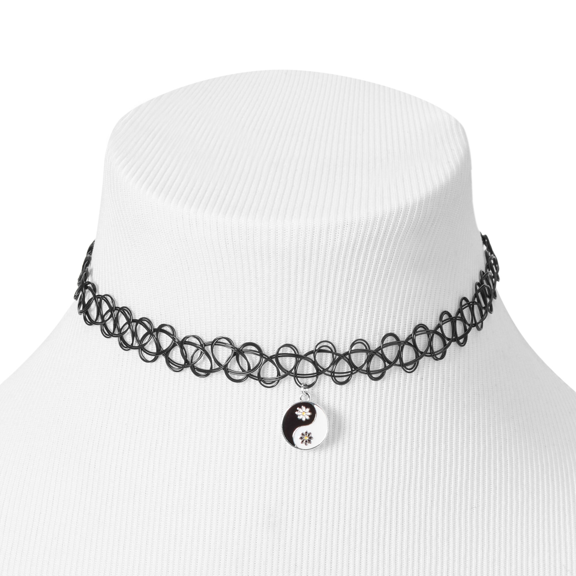 Black Daisy Yin Yang Charm Tattoo Choker Necklace,