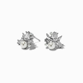 Silver-tone Pearl &amp; Cubic Zirconia Cluster Stud Earrings ,