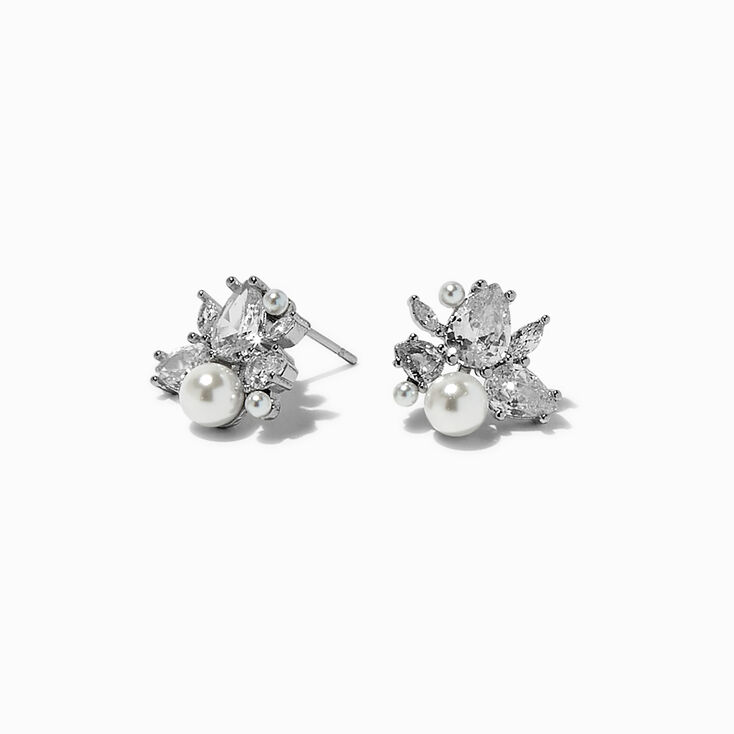 Silver-tone Pearl &amp; Cubic Zirconia Cluster Stud Earrings ,