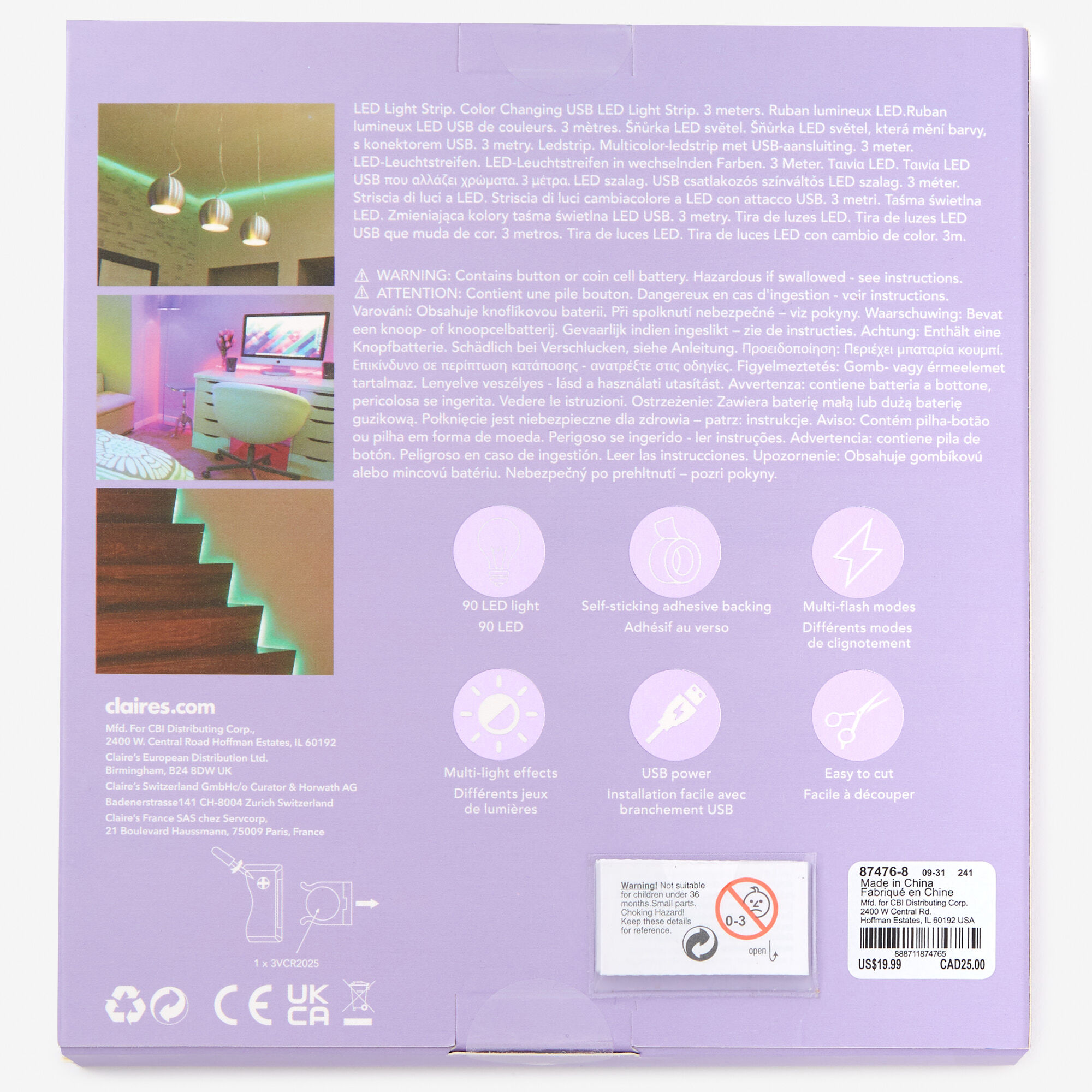 Ruban lumineux LED à couleurs changeantes à télécommande,