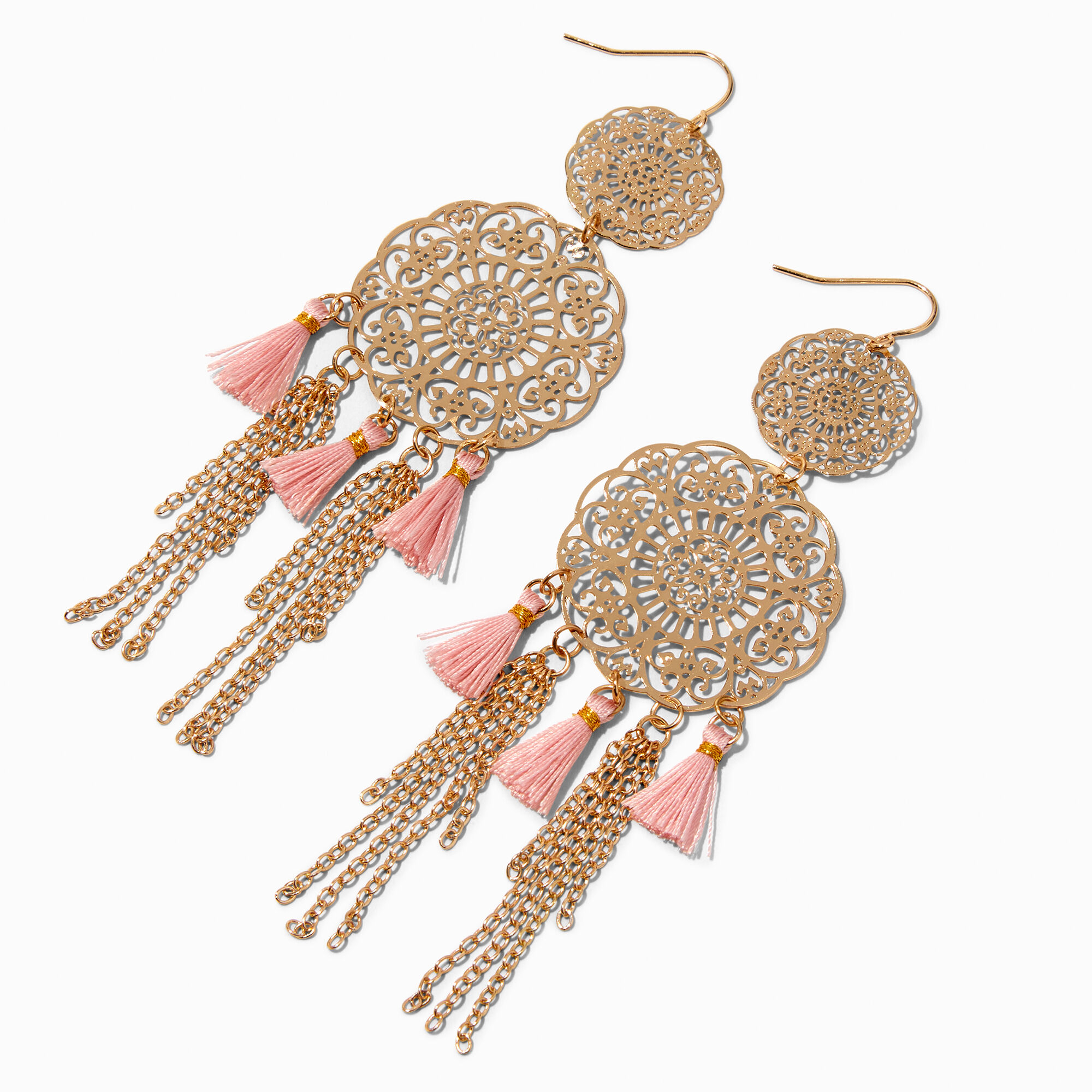 View Claires GoldTone 4 Filigree Tassel Chandelier Drop Earrings Pink information