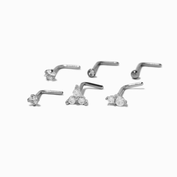 20G Silver-tone Stainless Steel Cubic Zirconia Mixed Bling Nose Studs - 6 Pack,