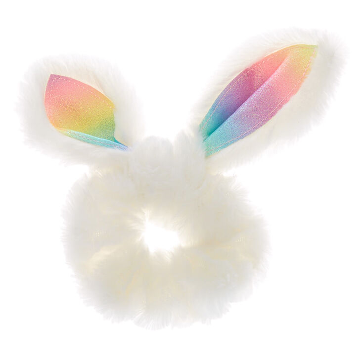 Medium Fuzzy Bunny Ears Hair Scrunchie - White,