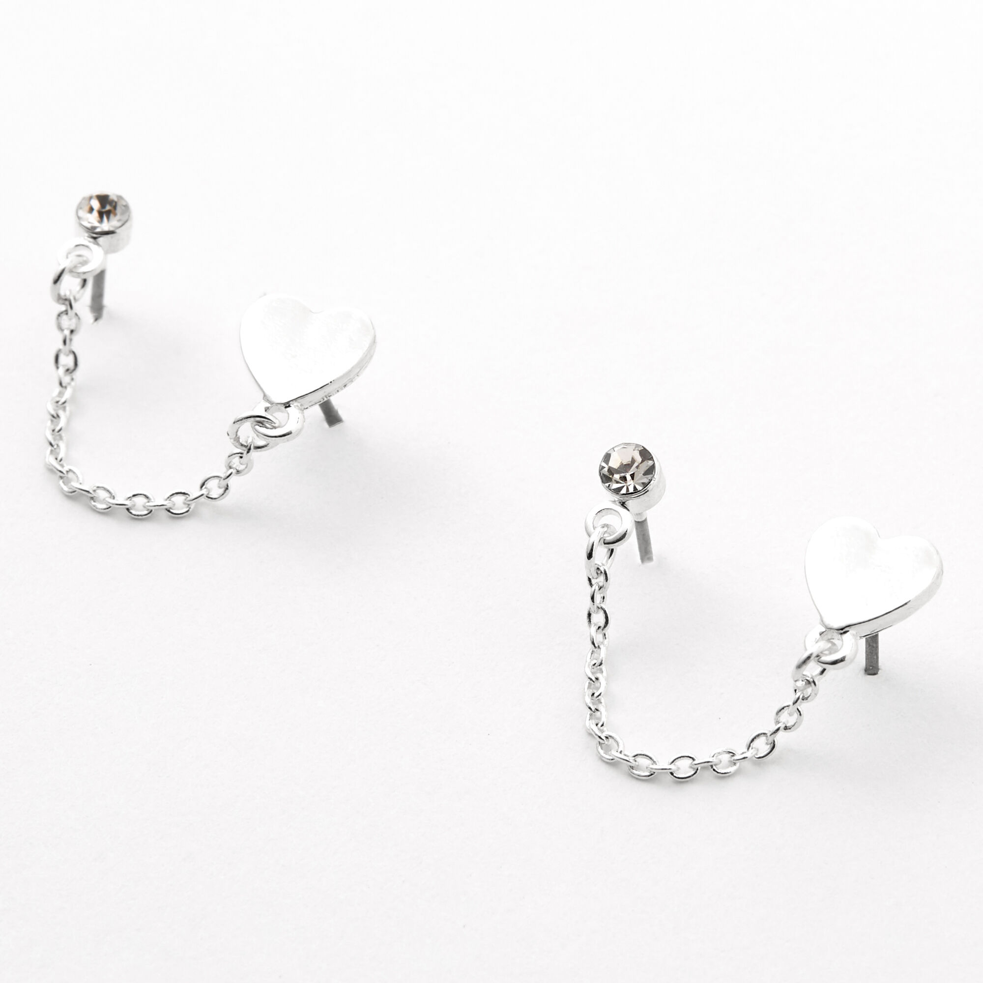 Silver Heart Crystal Connector Chain Stud Earrings