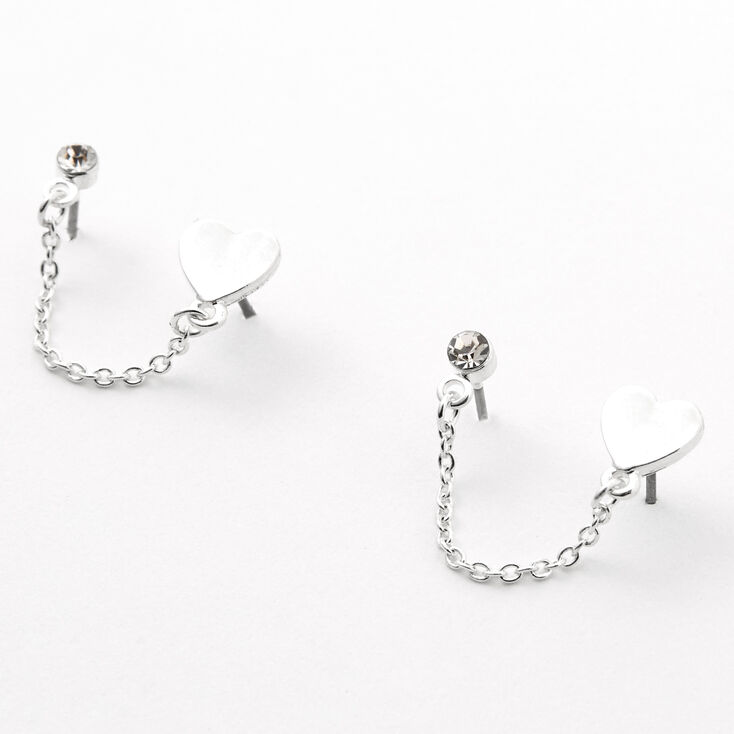 Claire's Clous d'oreilles avec chaîne de connexion strass et cœur couleur argentée